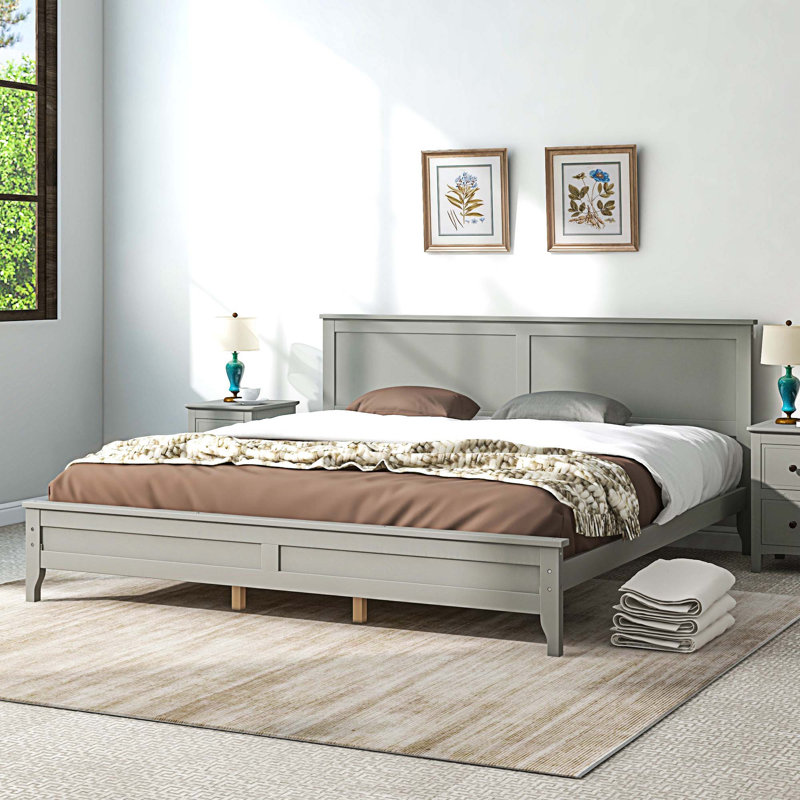 Modern Solid Wood Platform Bed, King, Gray