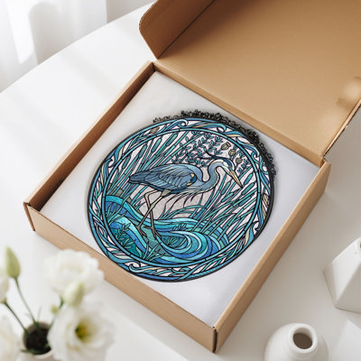 Heron Wetland Stained Glass Window Panel，12"H