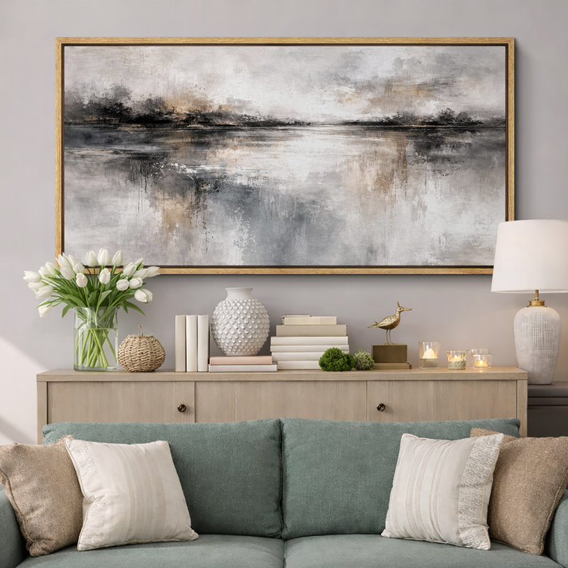 «Abstract Neutral Grey Misty Reflection», œuvre d'art moderne sur toile encadrée, impression sur toile, Cadre naturel