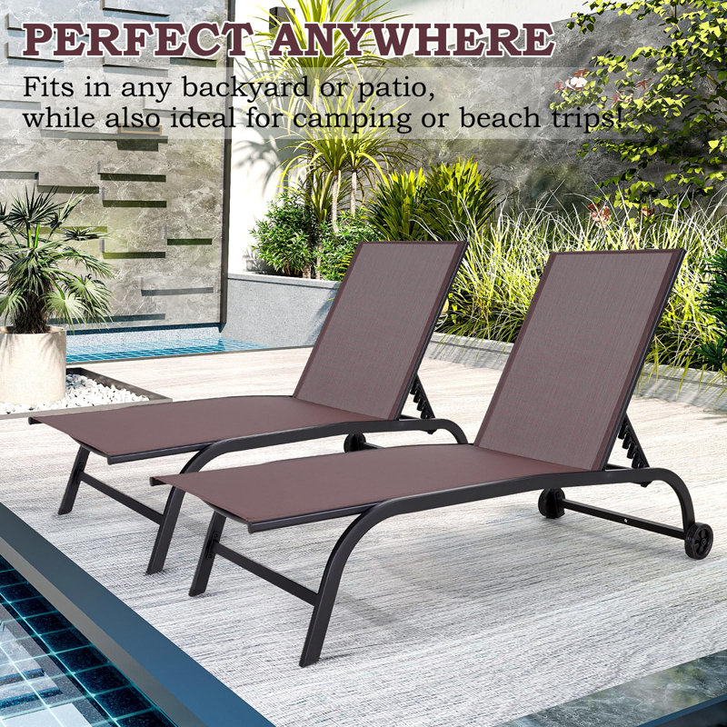  Patio Chaise Lounge Chair Set Of 2 With Table, Adjustable Backrest & Wheels, Oversized 26" W Outdoor Poolside Recliners