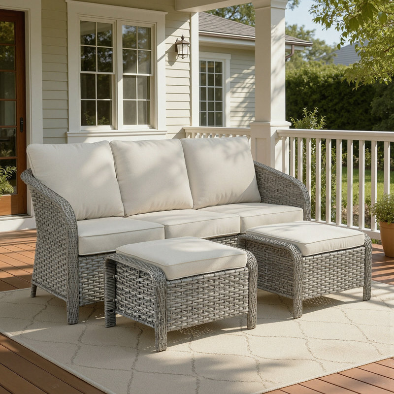 Arcola 3-Piece All-Weather Wicker Patio Enveloping Backrest Sofa With Ottomans