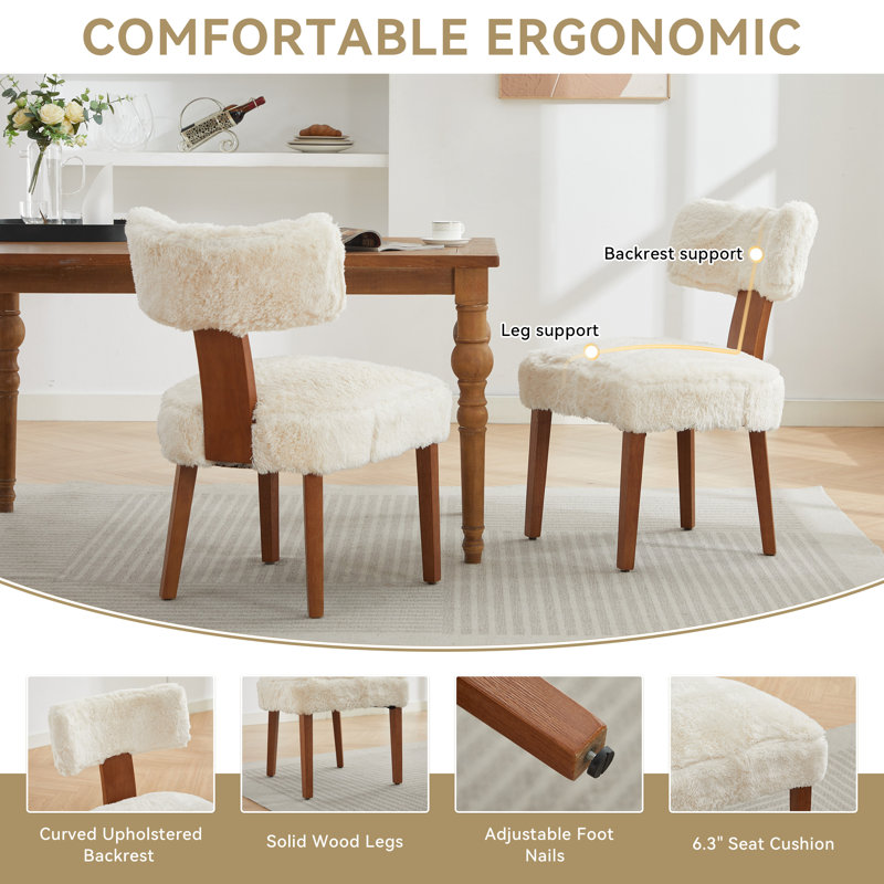 Upholstered Dining Chairs Set Of 4,Wood Kitchen Chairs with Plush Faux Fur,Modern Beige , 4, Beige Faux Fur