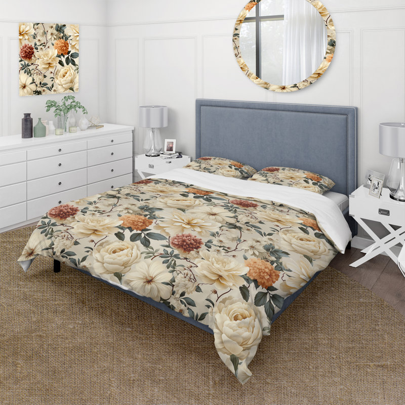Ensemble de housse de couette Vintage Ivory Flower Symphony I, Housse de couette pour très grand lit et 2 très