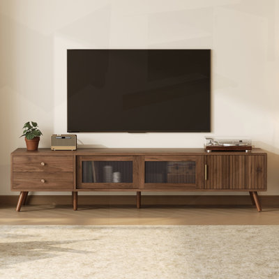 Meuble télé avec portes en verre de 76 pouces avec armoires en grain de bois, rangement spacieux pour les téléviseurs de 85 po ou moins, idéal pour le salon et la chambre à coucher