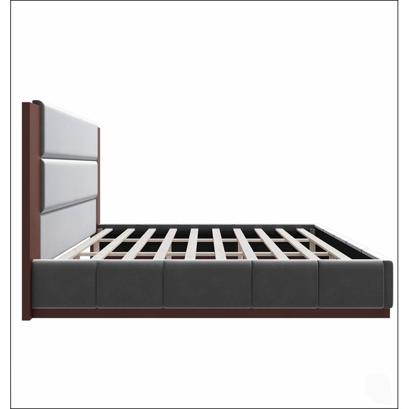 Cadre de lit plateforme rembourré avec tête de lit en bois allongée, design moderne, sans sommier, base en bois robuste, Gris