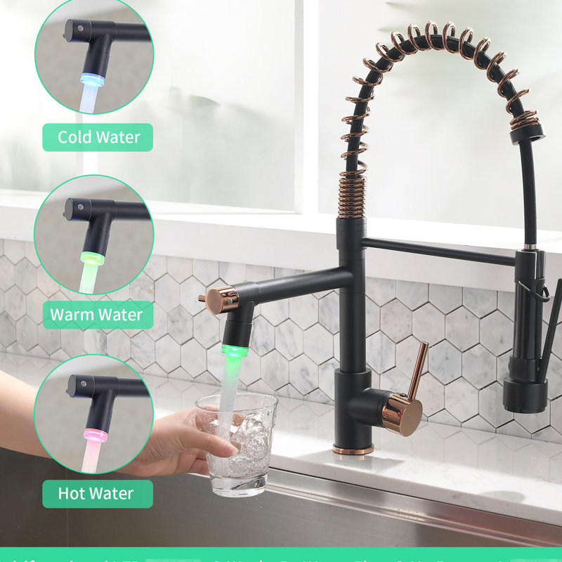 Robinet de cuisine avec douchette rétractable, or noir et rose, levier simple, tête de pulvérisation à finition élégante, rotatif à 360 degrés