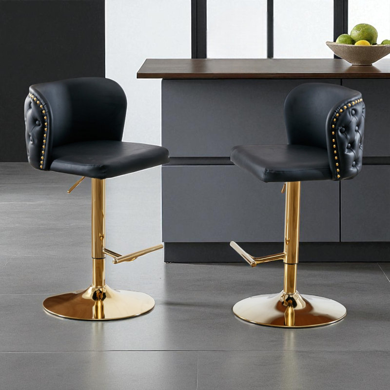 Zager Swivel Adjustable Height Bar Stool, Modern PU Leather Kitchen Island Counter Bar Chair, Black Seat/ Gold Frame