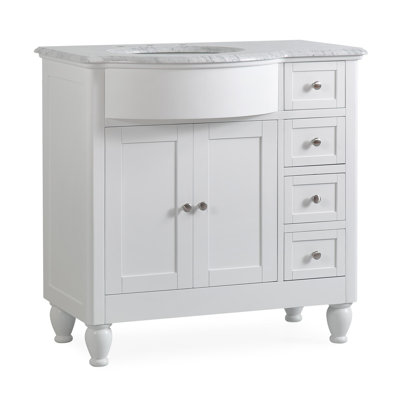 36" White Bathroom Vanity Single Left Side Sink Cabinet Marble Top