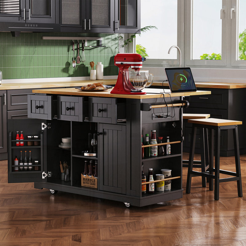 Îlot de cuisine avec tabourets de bar et prises de rangement, H 30,4 po x l 50 po x P 17,7 po, Noir