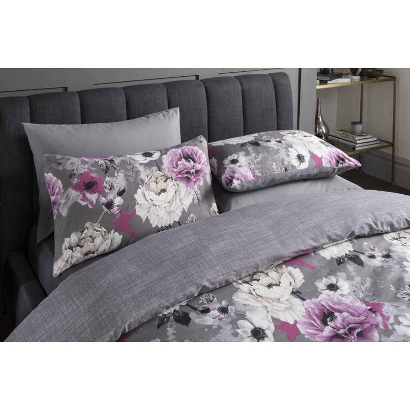 Elie Polyester Floral Duvet Cover Set with Pillowcases, Grey, Super King - 2 Standard Pillowcases