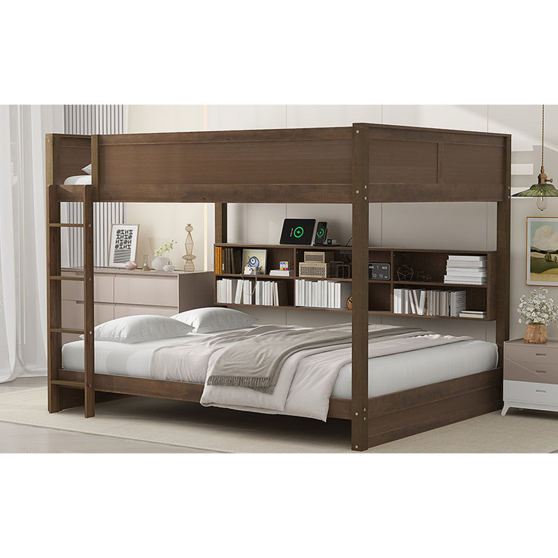 Lit superposé avec armoires de rangement et ports USB, Bois