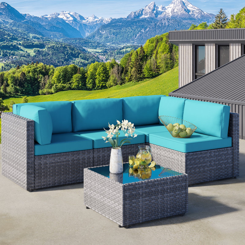 Ensemble de mobilier d'extérieur en rotin 5 pièces Proa, Bleu