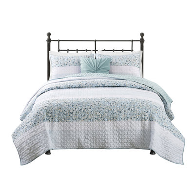 Ensemble de literie en seersucker 4 pièces pour lit très grand / très grand avec coussin décoratif à imprimé floral bleu jaune et blanc