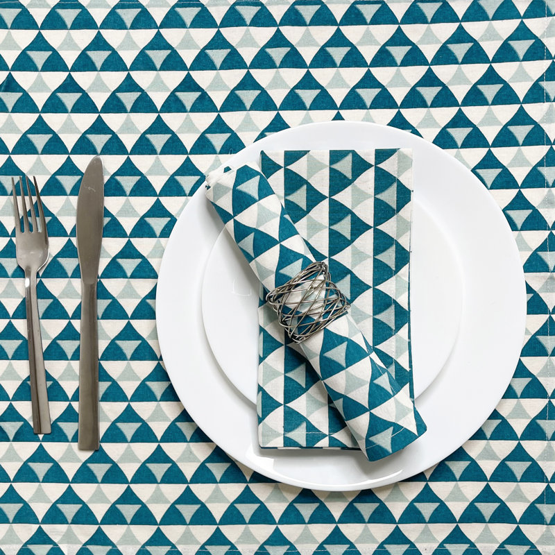 Ensemble de 6 serviettes de table triangulaires, Bleu sarcelle / Blanc