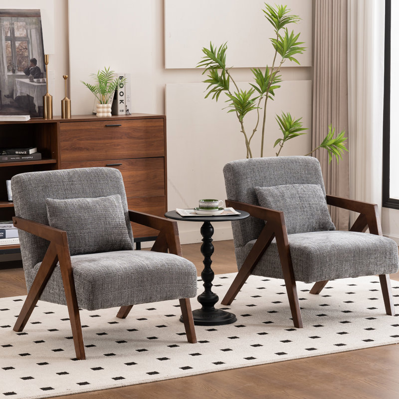 Juriana Mid Century Modern Upholstered Solid Wood Accent Armchair with an Extra Pillow, Grey Chenille