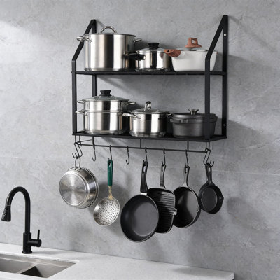 2-Tier Wall Mount Pot Rack With 10 Hooks - 30-Inch Heavy Duty Kitchen Storage Organizer For Pots, Pans, And Cookware - Space Saving Hanging Shelf