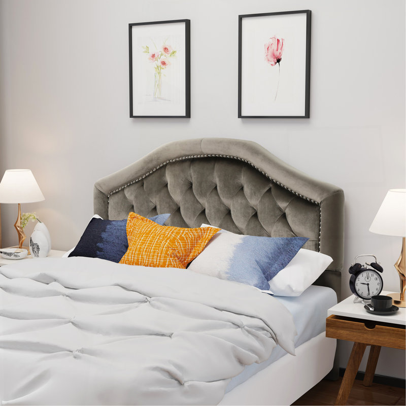 Tufted Upholstered Headboard Queen Size, Solid Wood Head Board with Durable Metal Legs, Adjustable Height Queen headboard with Nailhead Trim in Bedroom