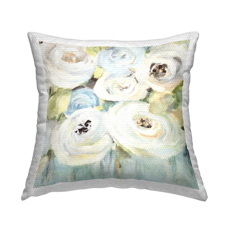 Coussin décoratif blanc imprimé tourbillons de roses blanches par Lanie Loreth