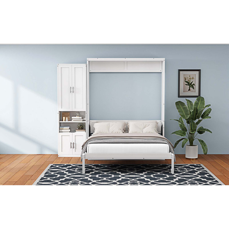 Kailer Murphy Bed With A Desk, 1 Bed, 1 Side Cabinet Storage Shelf, White, Full