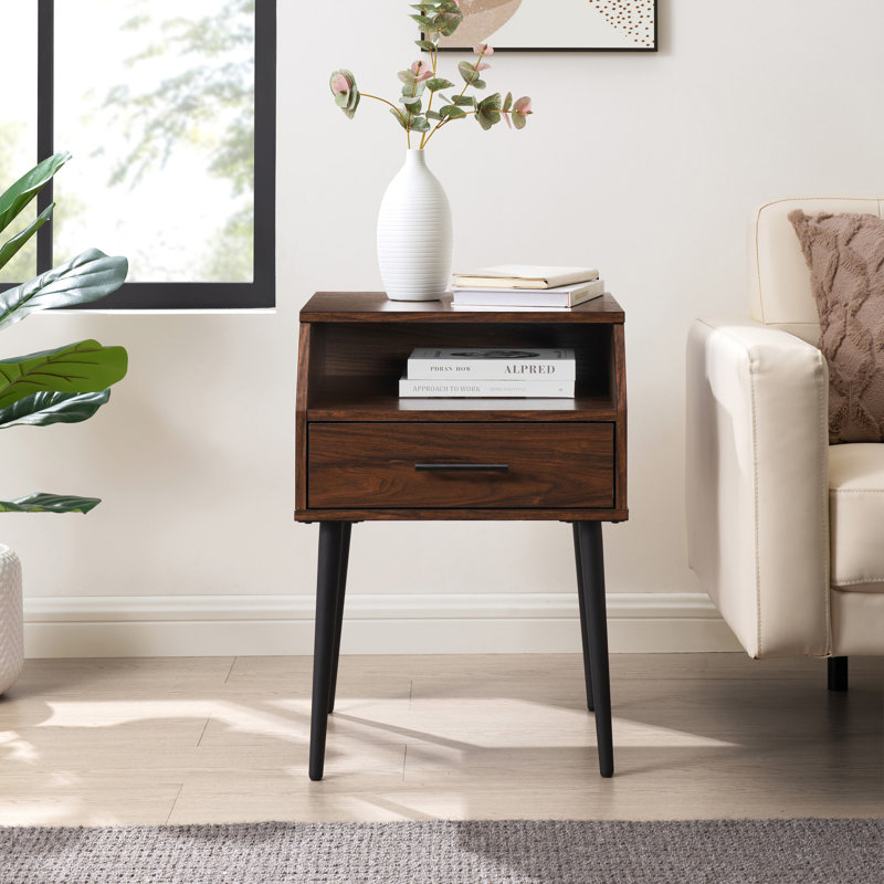 Contemporary Angled 1-Drawer Nightstand, Dark Brown