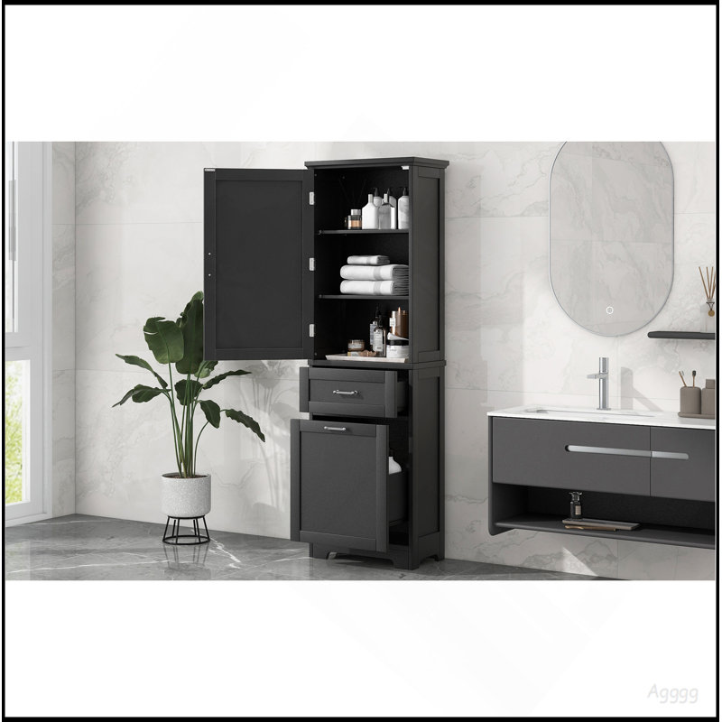 Grande armoire de rangement pour salle de bain, armoire de rangement autoportante avec deux tiroirs de tailles différentes et tablette réglable, panneau de fibres à densité moyenne avec finition peinte
