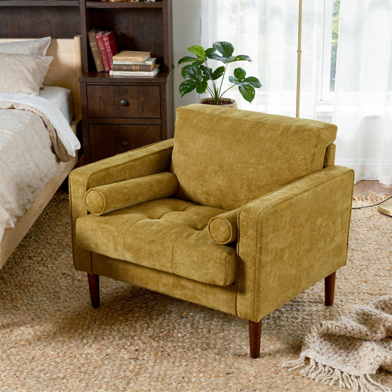 Fauteuil club capitonné Iliana en chenille à accoudoirs carrés avec 2 coussins, Polyester jaune