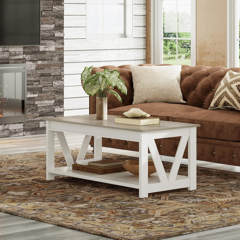 Eoghan Farmhouse Coffee Table with Storage Shelf, Rustic Wood Square Coffee Table with X-Frame Base for Living Room
