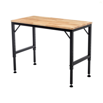 Établi réglable robuste de 48 po pour le garage, table d'atelier en bois d'hévéa avec patins en caoutchouc, poste de travail en bois franc, capacité de poids de plus de 2000 lb