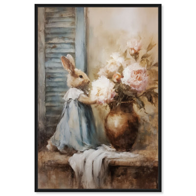 Floral Bunny Framed Canvas Print Easter Wall Decor by Art Remedy, Black Frame, 24 x 36
