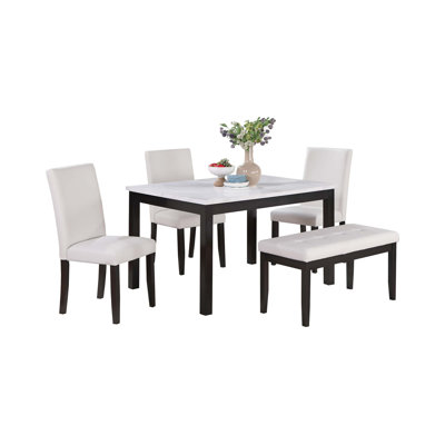 5 Piece Dining Set With Faux Marble Top, White Chairs And Bench, Versatile And Elegant For Any Home Decor