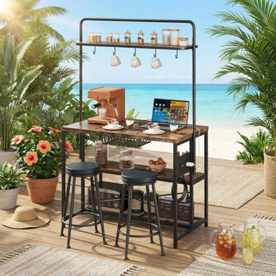 Kitchen Island with Power Outlet & 2 Bar Stools, Industrial Bakers Rack with 3-Tier Shelves & 5 Hooks, Microwave Stand Coffee Bar Table for Dining Room, Living Room, Apartment.