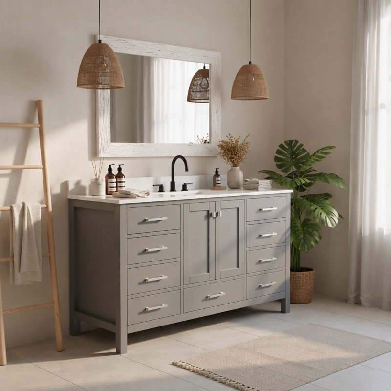 Meuble-lavabo autoportant 60 po avec lavabo simple et cadre en bois massif 60 po gris, Gris