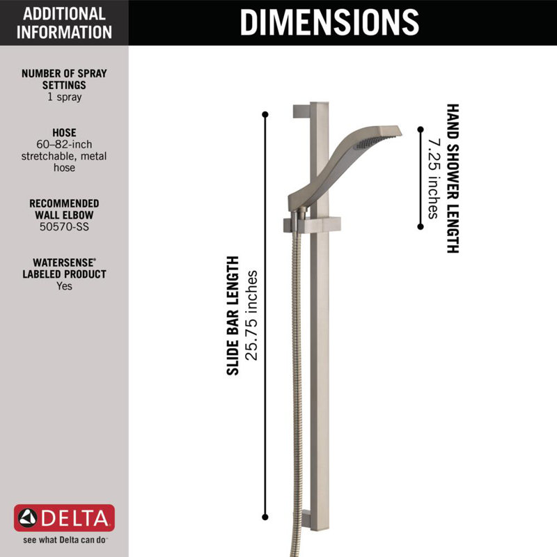 Dryden Single-Spray Slide Bar Hand Held Shower with Hose, Handheld Shower Head, Brilliance Stainless