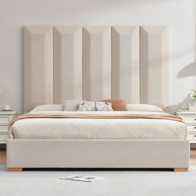 Juanetta 71.5" Tall Headboard Upholstered Platform Bed With 2 Wood Large Storage Drawers, King, Beige
