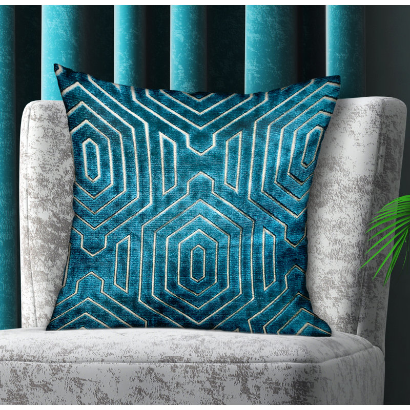 Coussin décoratif de luxe géométrique en velours Plutus céruléen, H 24 po x l 24 po, Bleu, Carré