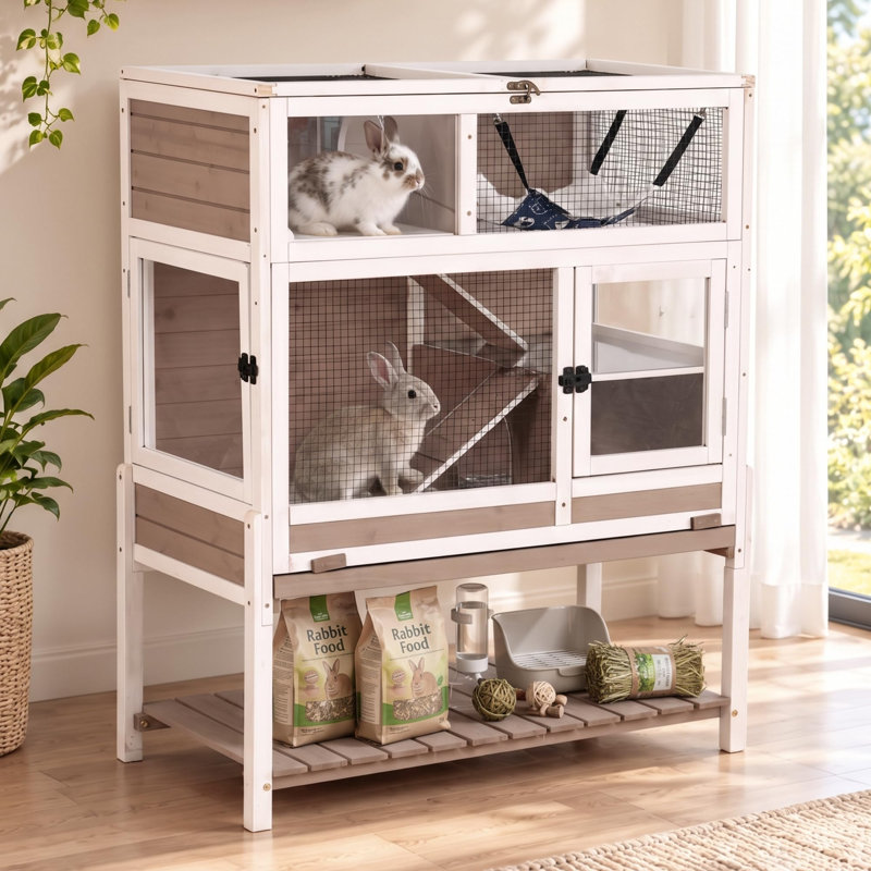 3-Level Rabbit Hutch with Pull-Out Tray & Chew-Proof Edges, Indoor Outdoor Guinea Pig Cage with Hideout & Cozy Hommock