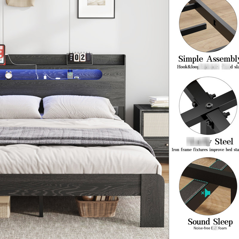 Très grande base de lit plateforme avec rangement, tête de lit à DEL et 2, soutien solide, sans sommier, assemblage rapide, assemblage noir,