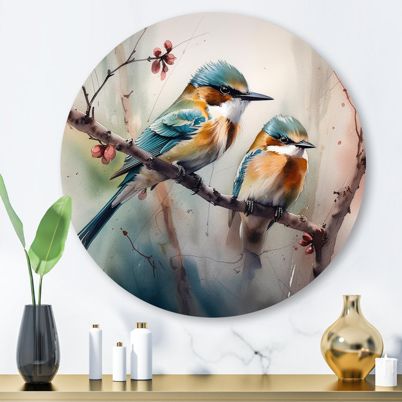 Oiseaux bleus sur une branche I - Art mural rond en métal à motif floral, H 36 po x l 36 po x P 1 po