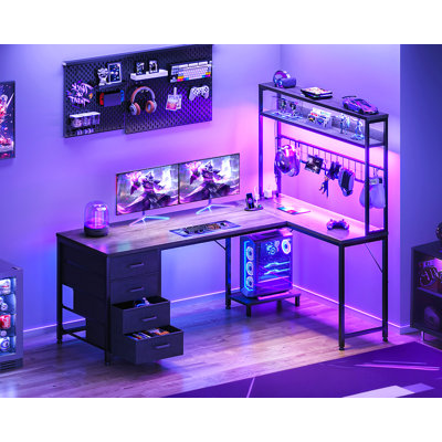 Ryker L-shaped Gaming Desk With Hutch And Pegboard, Corner Computer Desk With 4 Drawers And Shelves, Reversible Workstation With Led Lights And Power Outlets, Home Office Desk With Organized Storage System, Black Desk With Durable And Stable Construction