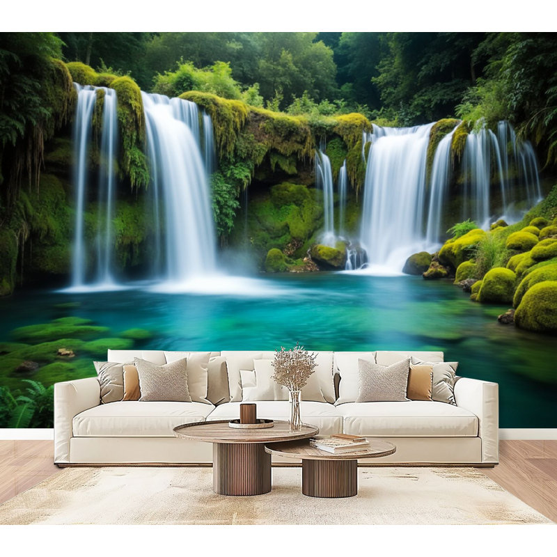 Papiers peints adhésifs cascade vert forêt Crystal Clear Turquoise Scenic Summer Decor Wallals, L 96 po x l 69 po