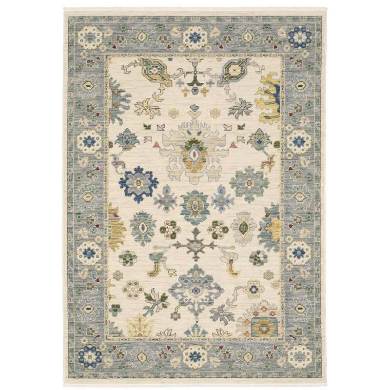 Tapis oriental en laine tissé à la machine Karns en bleu / gris / vert, Rectangle 5 pi 3 po x 7 pi 6 po