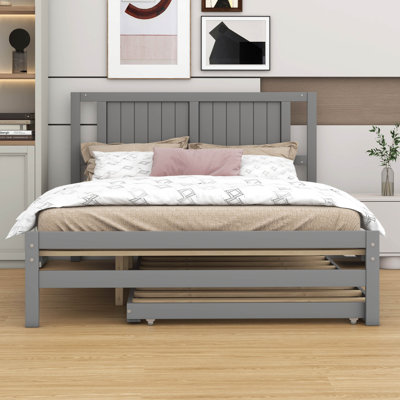 Structure de lit double avec tête de lit, lit double en bois avec lit gigogne réglable