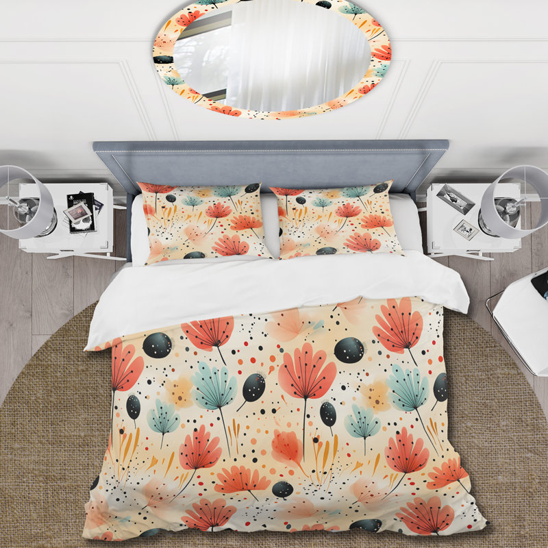 Sunset Ladybug Flowers - Botanical Duvet Cover Set, King Duvet Cover + 2 King Shams