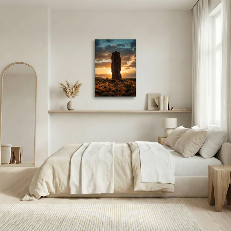 «Tall Rock Spire In Desert Landscape At Golden Sunset», art mural sur toile, 30"H x 20"W