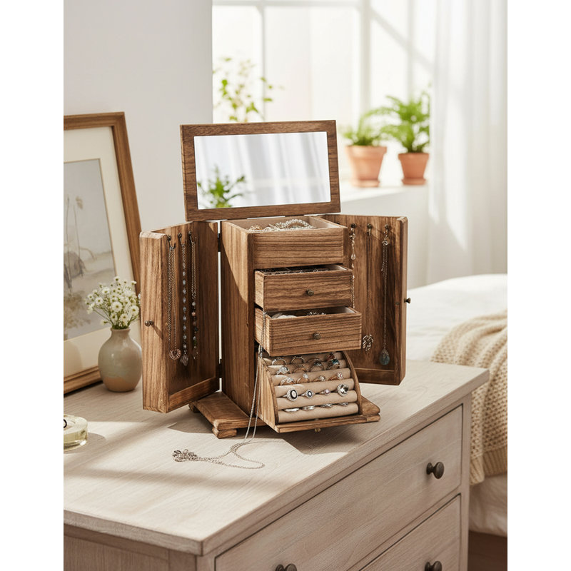 Elegant Farmhouse Wood Jewelry Box 4-Layer Organizer, Rustic Brown