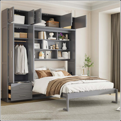 Grand lit escamotable mural avec armoire supérieure