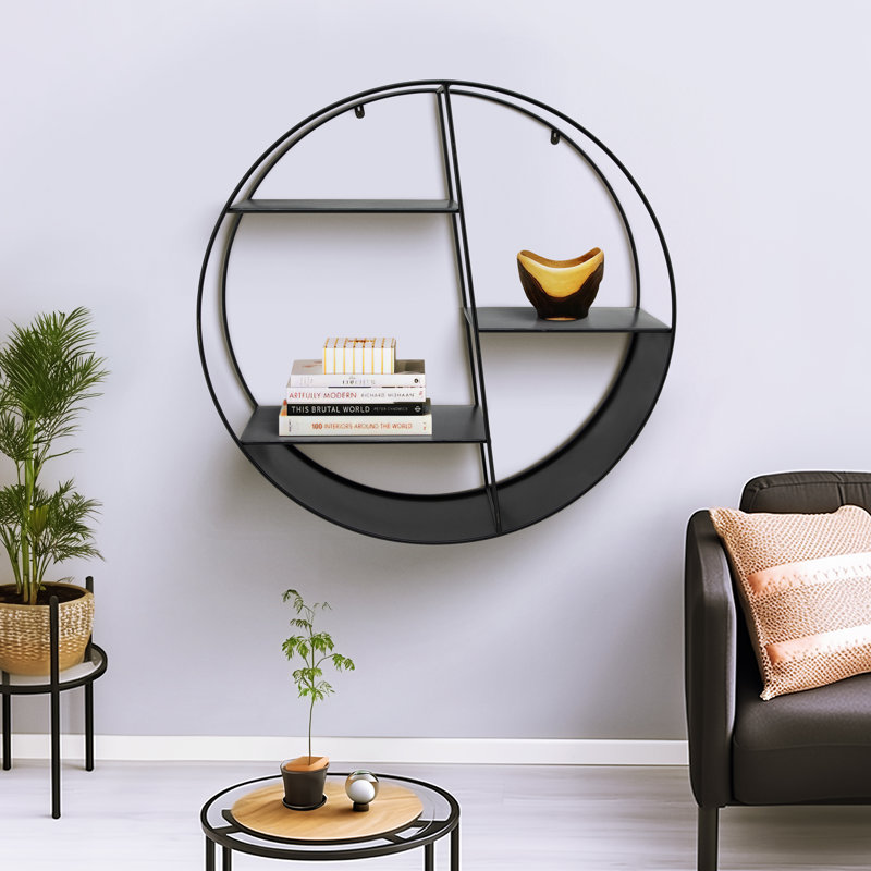 Modern Metal Wall Shelf with Round Geometric Frame and Tiered Open Storage, Black