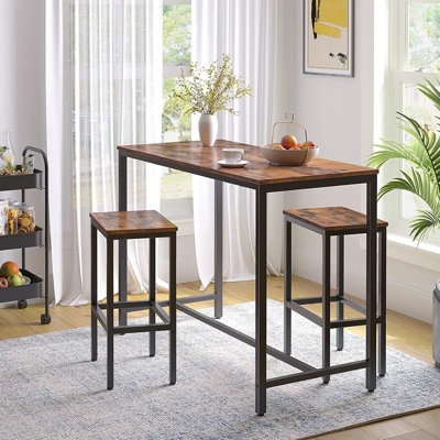  Ensemble de table de bar et de chaises, table de pub rectangulaire de 47,2 po avec 2 tabourets pour petits espaces, table haute, ensemble de tabourets de petit-déjeuner 3 pièces, structure en métal robuste, brun rustique facile à assembler