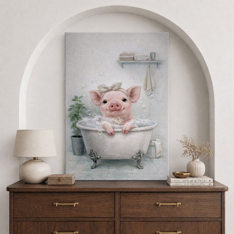 Œuvre mignonne de porcelet avec bain moussant, images de salle de bain, impression sur toile encadrée, Toile tendue