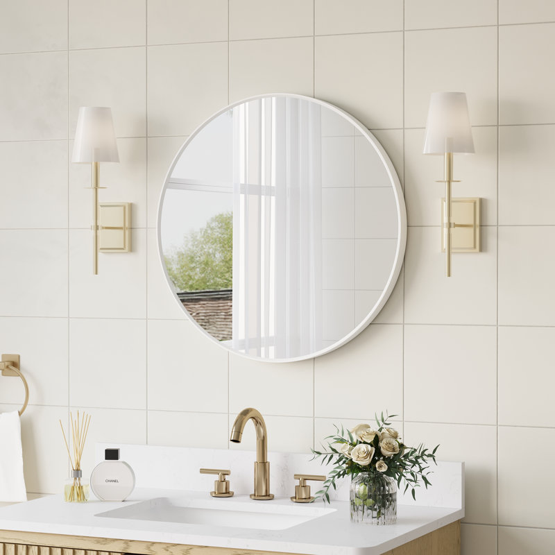 Modern Bathroom Wall Mounted Anodized Aluminum Framed Vanity Mirror, Round, 24" x 24", White